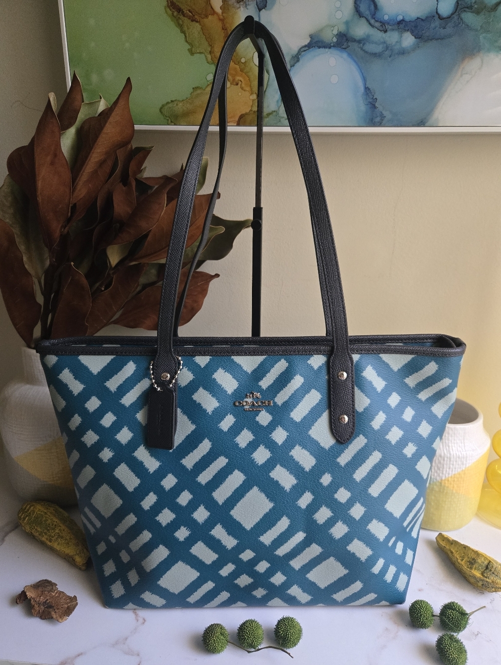 EUC Coach City Zip Tote Bag In Wild Plaid